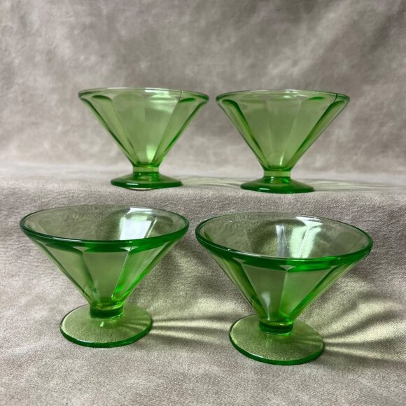 Vintage Federal Uranium Green Depression Glass Sherbets Dessert 4 Ribbed Optic - Picture 1 of 8
